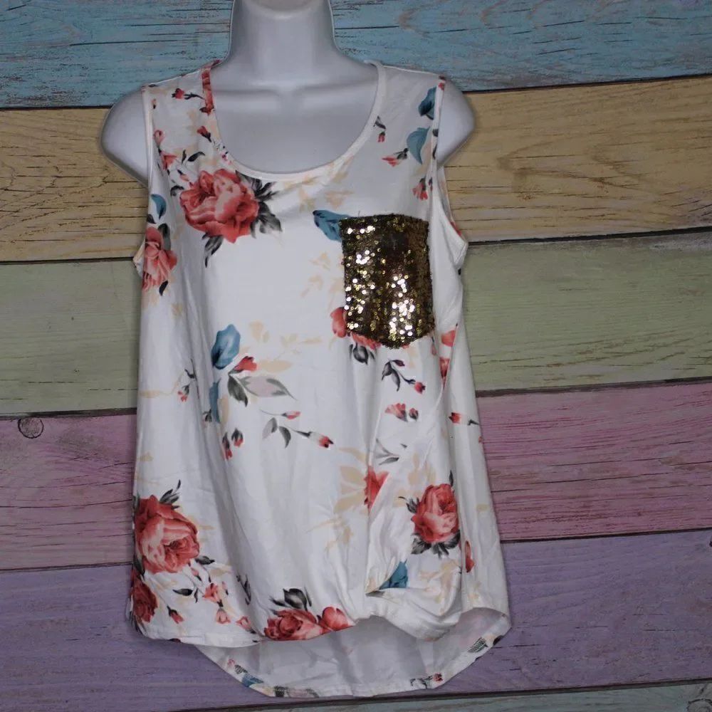 Women's Floral Tank Top Sequin Pocket Small